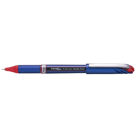 Pentel EnerGel 0.5mm red gel pen pack of 12, featuring a comfortable grip, quick-drying ink, and precise needle point.