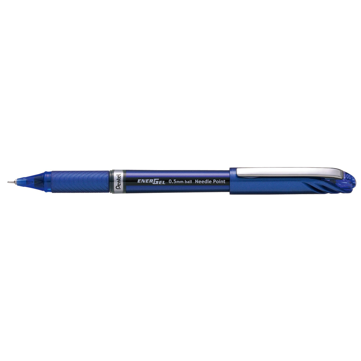 Pack of 12 Pentel Energel 0.5mm blue gel pens featuring smooth ink, comfortable grip, and a durable pocket clip.