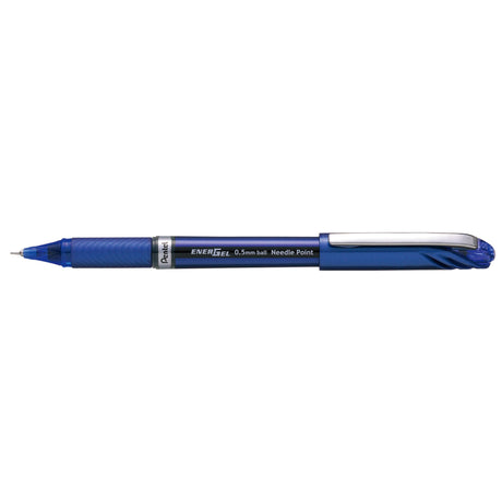 Pack of 12 Pentel Energel 0.5mm blue gel pens featuring smooth ink, comfortable grip, and a durable pocket clip.