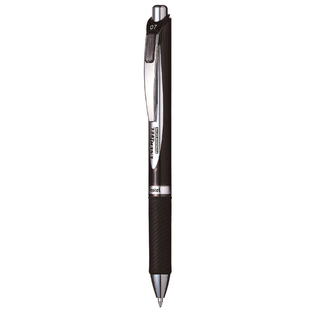 Pentel Energel 0.7mm retractable pens in black, 12-pack; quick-drying, smudge-free gel ink, eco-friendly design.