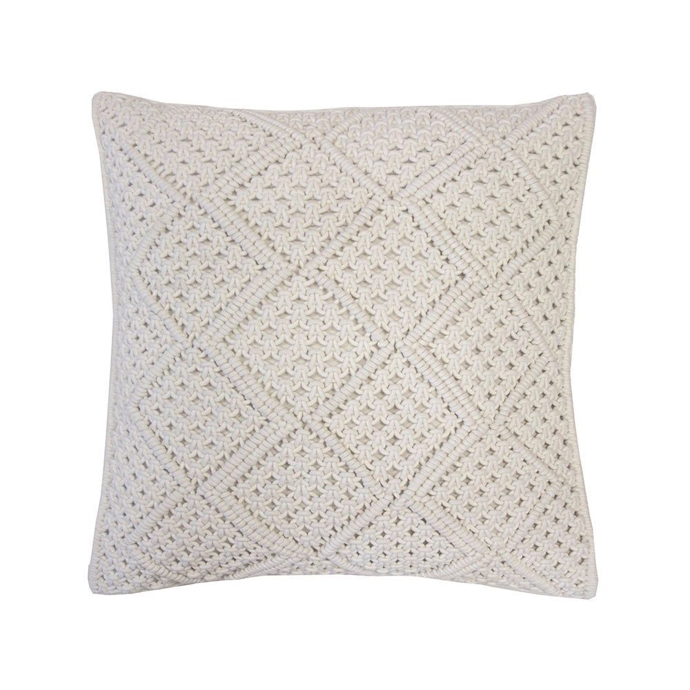 Elegant ivory square cushion with intricate macrame diamond pattern, 100% cotton, removable fill, and machine washable.