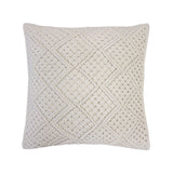 Elegant ivory square cushion with intricate macrame diamond pattern, 100% cotton, removable fill, and machine washable.