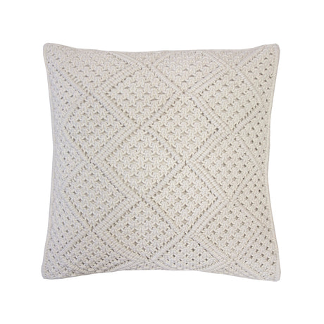 Elegant ivory square cushion with intricate macrame diamond pattern, 100% cotton, removable fill, and machine washable.