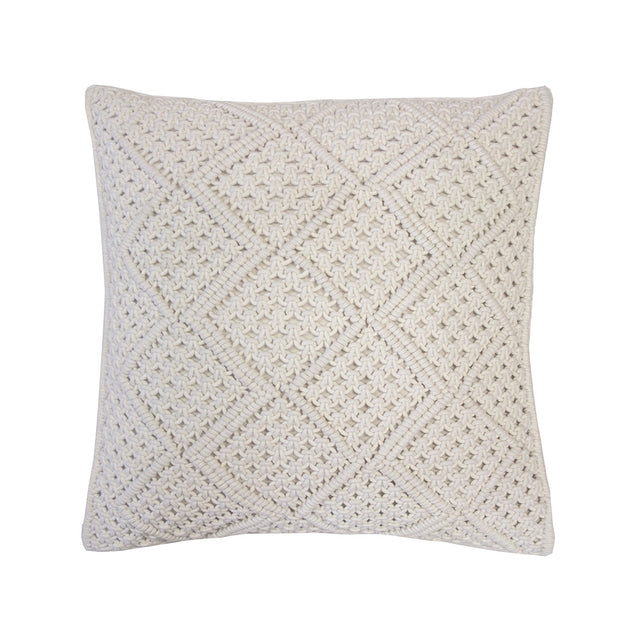 Elegant ivory square cushion with intricate macrame diamond pattern, 100% cotton, removable fill, and machine washable.