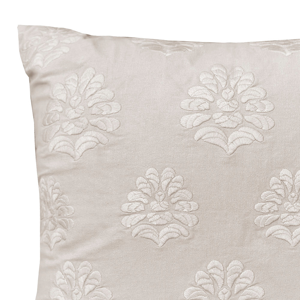 Cora Square Cushion Pebble featuring floral embroidery on soft cotton, perfect for enhancing home decor with comfort.