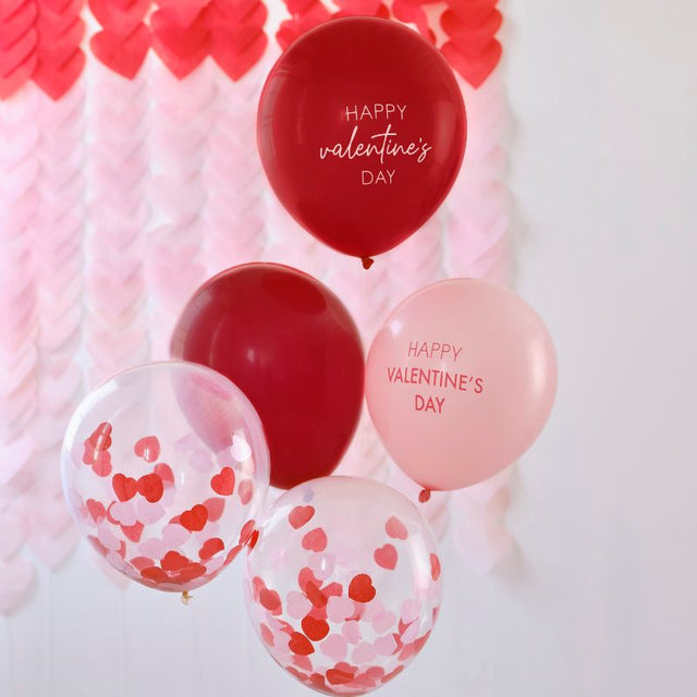 Valentine's balloon bundle featuring 5 confetti heart balloons with 'Happy Valentine's Day' messages for a romantic celebration.