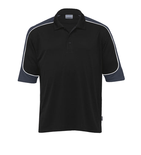 Dri Gear Challenger Polo in stylish black with contrast stripes, crafted from moisture-wicking micro poly fabric for ultimate comfort.