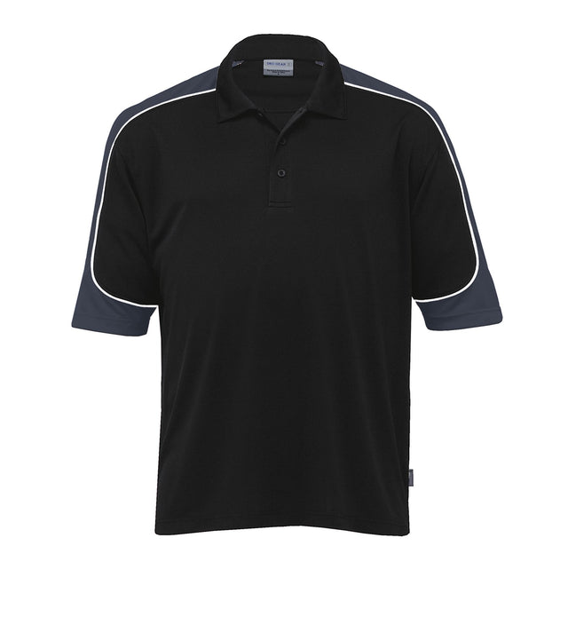 Dri Gear Challenger Polo in stylish black with contrast stripes, crafted from moisture-wicking micro poly fabric for ultimate comfort.