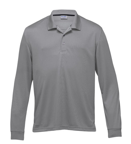 Dri Gear Long Sleeve Axis Polo featuring lightweight micro poly fabric, moisture-wicking, UV protection, and stylish detailing.
