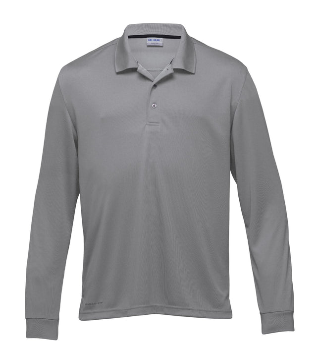 Dri Gear Long Sleeve Axis Polo featuring lightweight micro poly fabric, moisture-wicking, UV protection, and stylish detailing.