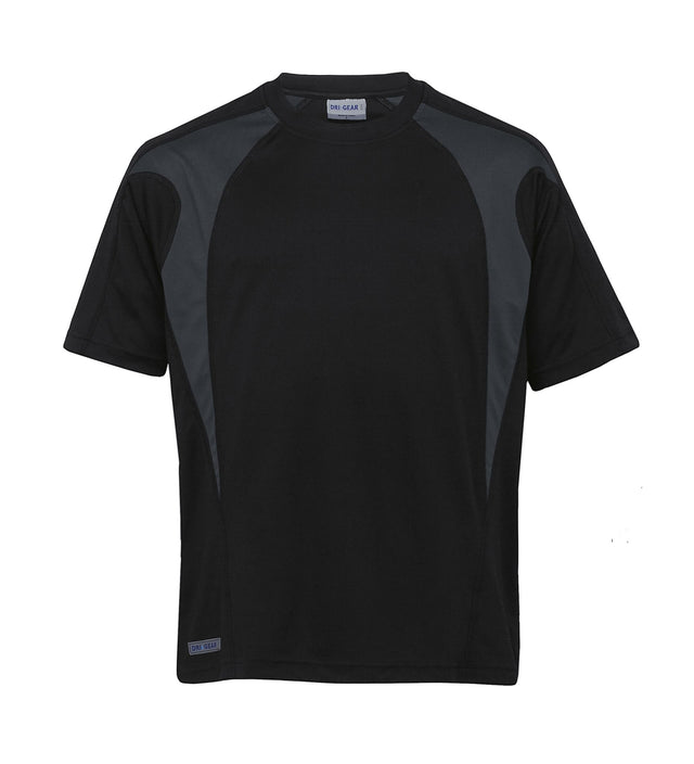 Dri Gear Spliced Zenith Tee featuring moisture-wicking fabric, UV protection, stylish contrast panels, and a modern fit.