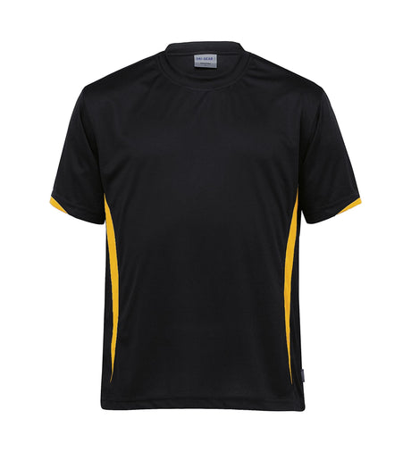 Dri Gear Zone Tee in lightweight poly mesh with UV protection, side splits, and stylish contrast panels for active wear.
