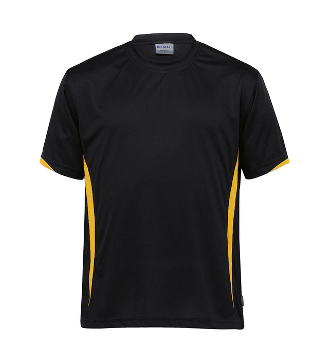 Dri Gear Zone Tee in lightweight poly mesh with UV protection, side splits, and stylish contrast panels for active wear.