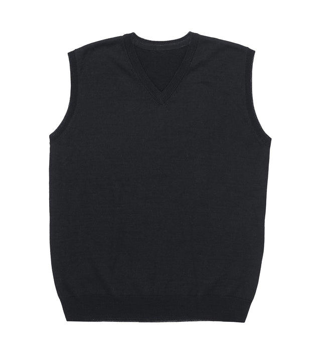 Merino wool vest for men featuring a V-neck and ribbed hem, perfect for both casual and corporate wear.