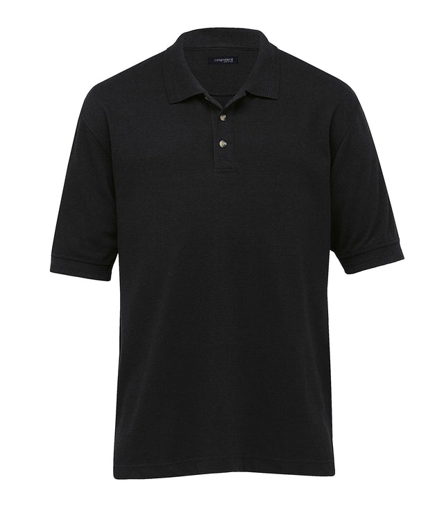 Elegant men's polo shirt in jacquard ottoman fabric, featuring classic fit, intricate collar detail, and relaxed style.