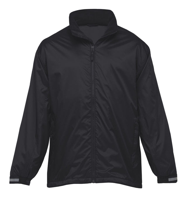 Stylish Manager's Jacket in nylon ripstop with showerproof features, extra-long hem, reflective stripes, and zippered pockets.