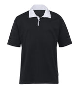 Premium rugby jersey in cotton-polyester blend, featuring short sleeves, contrast collar, and button detail for style and performance.