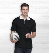 Premium rugby jersey in cotton-polyester blend, featuring short sleeves, gusset underarm, and classic white twill collar for style.