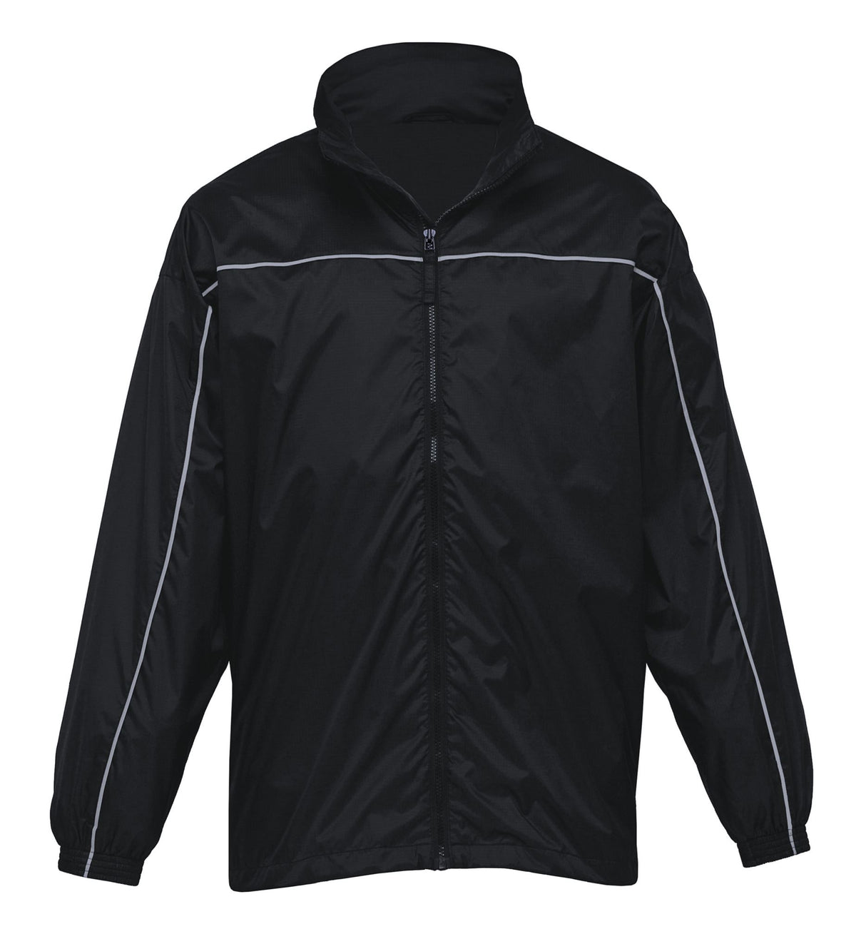 Lightweight ripstop jacket with showerproof fabric, reflective details, and hidden hood for outdoor adventures.