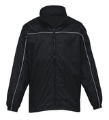 Lightweight ripstop jacket with showerproof fabric, reflective details, and hidden hood for outdoor adventures.