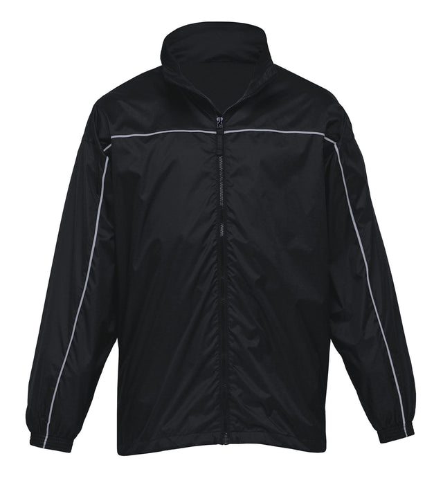 Lightweight ripstop jacket with showerproof fabric, reflective details, and hidden hood for outdoor adventures.