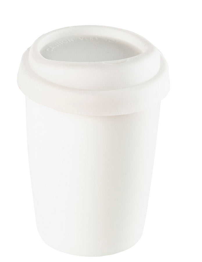 White ceramic mug with silicone lid, 350ml capacity, elegant design, microwave and dishwasher safe, perfect gift option.