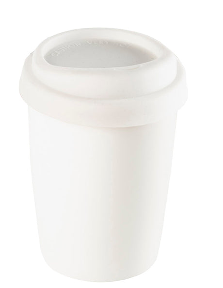 White ceramic mug with silicone lid, 350ml capacity, elegant design, microwave and dishwasher safe, perfect gift option.
