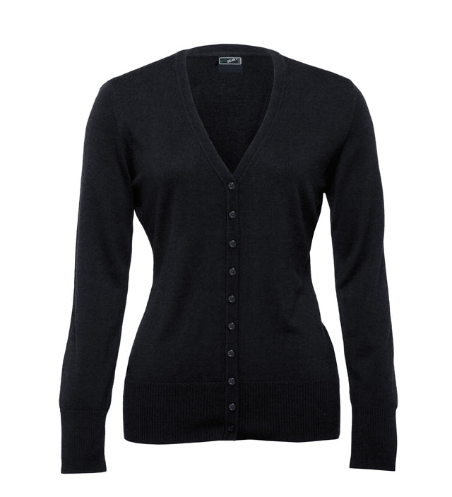 Luxurious women's merino cardigan in 100% wool, featuring a button placket, ribbed hem, and versatile style for any occasion.
