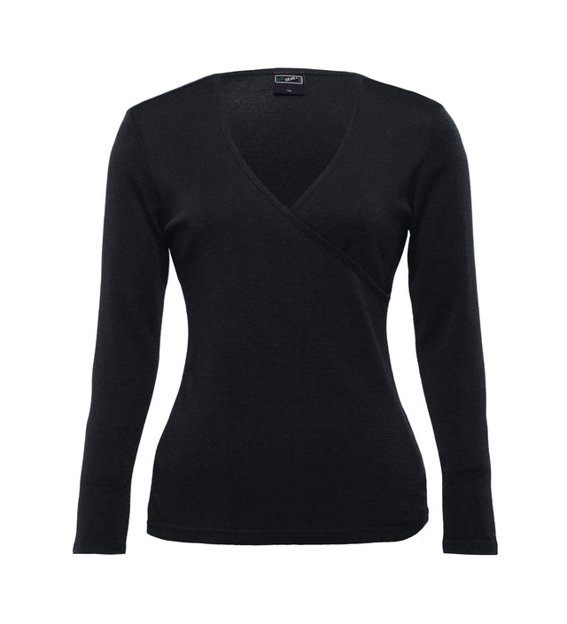 Women's Merino Crossover Top in 100% wool, featuring a flattering V-neck and tapered fit for style and comfort.