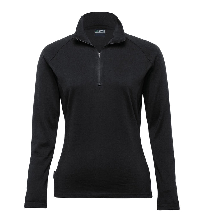 Elegant women's Merino Zip Pullover in 100% merino wool, featuring a high-zip, raglan sleeves, and eco-friendly design.