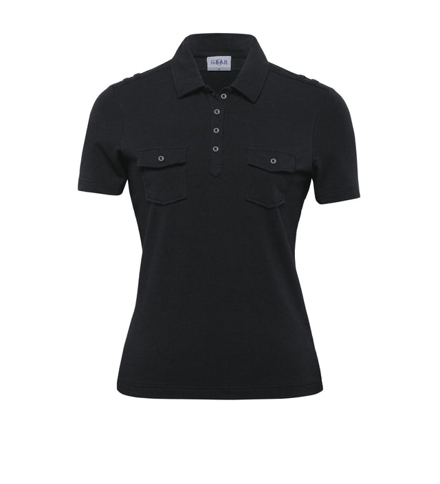 Women's Fusion Polo in soft cotton-elastane blend, featuring buttoned pockets, stylish collar, and trendy shoulder loops.