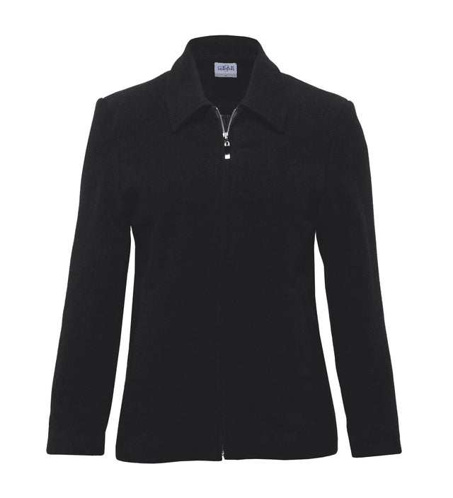 Elegant women's Melton Wool Ceo Jacket in 80% wool, featuring a two-piece collar, zippered closure, and welt pockets.
