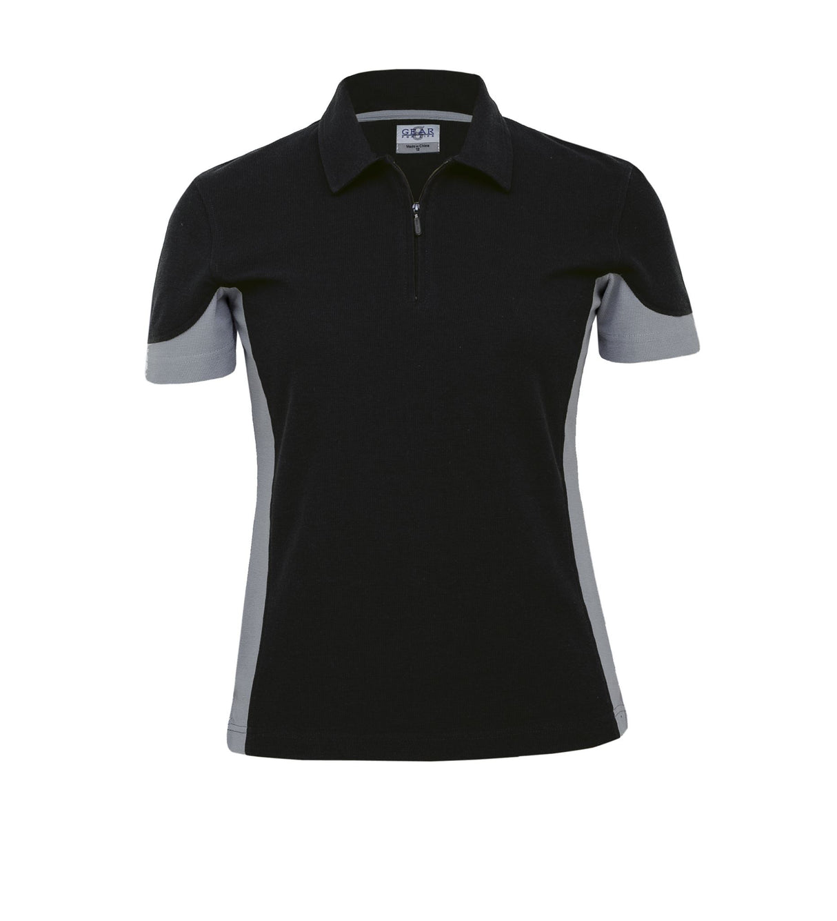Women's Quantum Duo Polo in premium poly cotton with contrast panels, self-collar, and side splits for style and comfort.