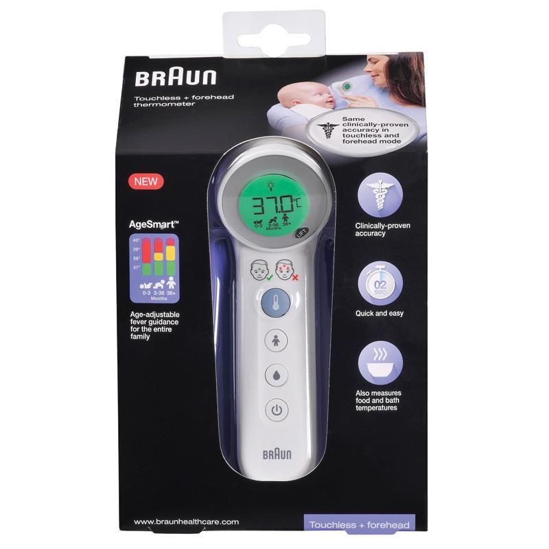 Braun 3-in-1 Touchless Thermometer measuring temperatures with color-coded display, suitable for all ages and safe for family use.