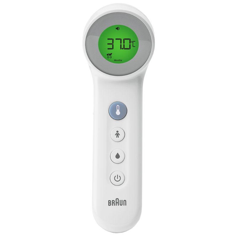 Braun 3-in-1 Touchless Thermometer for quick forehead, food, or bath temperature readings with age-specific color-coded display.