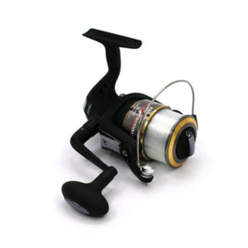 Fishing reel featuring a lightweight graphite body, alloy spool, pre-spooled nylon line, and ambidextrous handle for effortless use.