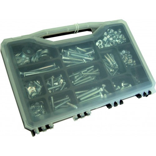 560-piece bolt and washer assortment in a durable plastic case, featuring M5, M6, M8 bolts, nuts, and assorted washers.