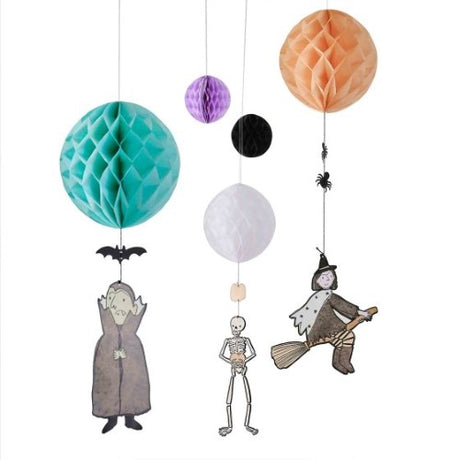 Colorful Halloween hanging decorations with honeycombs and cute card characters: spider, bat, and pumpkin.