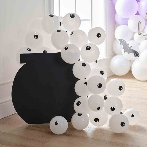 Boo Crew 12cm eyeball balloons in black and white, perfect for Halloween parties and spooky decorations, pack of 45.