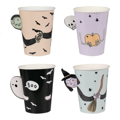 Festive Halloween paper cups featuring a vampire, witch, skeleton, and ghost, perfect for parties and eco-friendly celebrations.