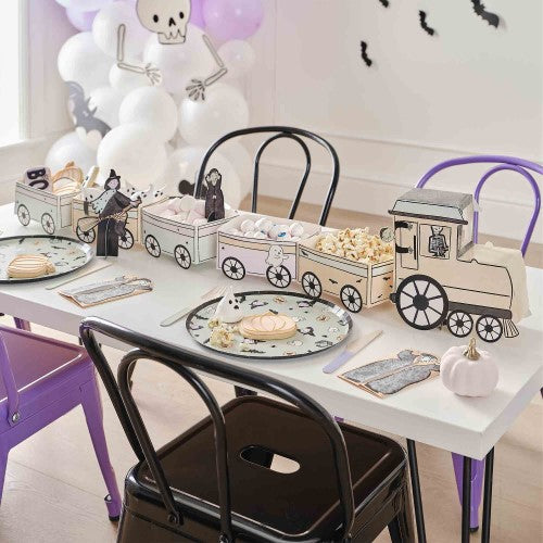 Whimsical ghost train decoration with 5 treat boxes and 3 characters, perfect for Halloween festivities and sustainable fun.