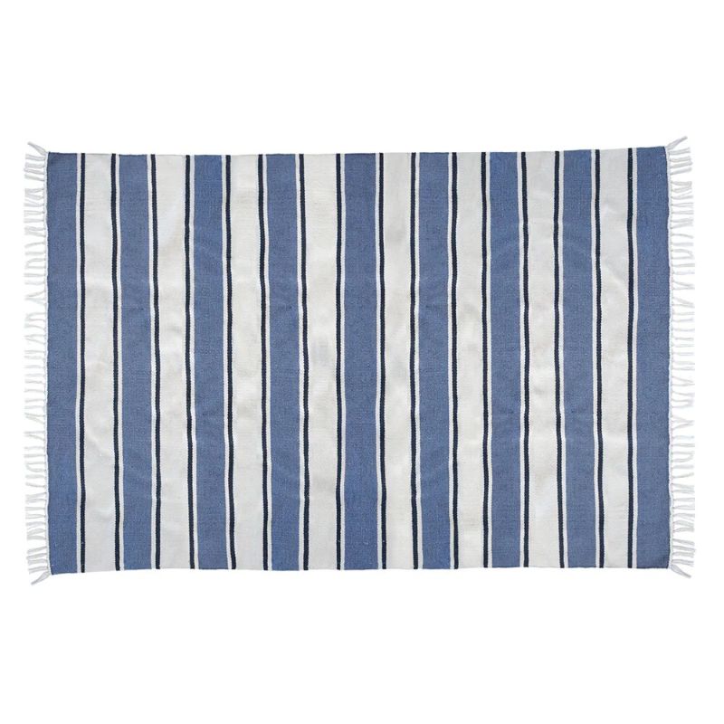 Outdoor woven rug featuring horizon-inspired stripes, made from eco-friendly recycled polyester, 160 x 230cm in size.