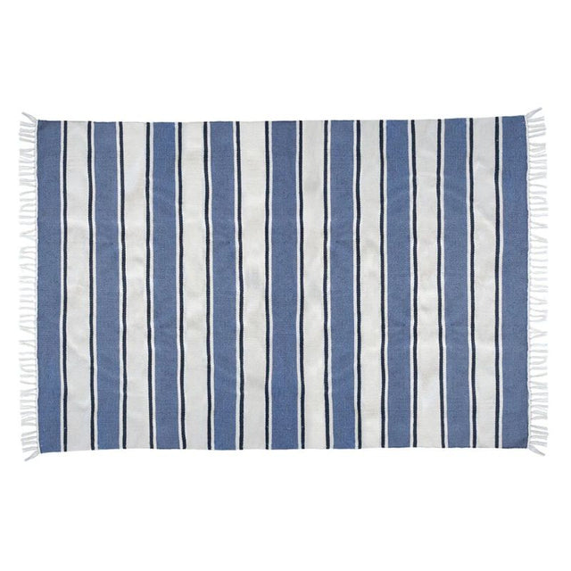 Outdoor woven rug featuring horizon-inspired stripes, made from eco-friendly recycled polyester, 160 x 230cm in size.