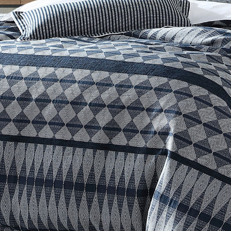 Super King Duvet Cover Set featuring luxury striped design in slate blue and silver grey, includes matching pillowcases.