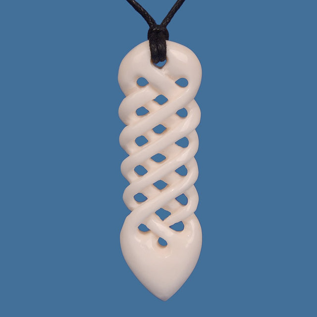 Hand-carved Bone Multi Twist Pendant, symbolizing love and life's journey, on an adjustable black cord, celebrating Maori heritage.