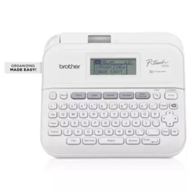 Brother PT-D410 label maker with QWERTY keyboard, USB connectivity, and 2-line display for efficient labeling tasks.