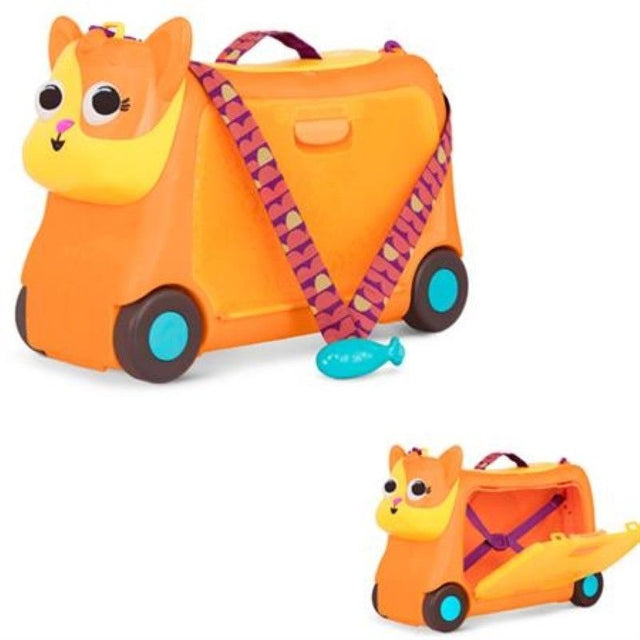 Colorful Storage Ride-On Cat suitcase for kids with sound effects, interior straps, and detachable carry strap for travel.