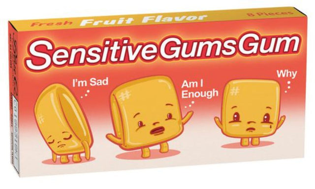 Chewing gum for sensitive gums, featuring 8 fruit-flavored pieces per pack, gluten-free and sugar-free for comfort and freshness.