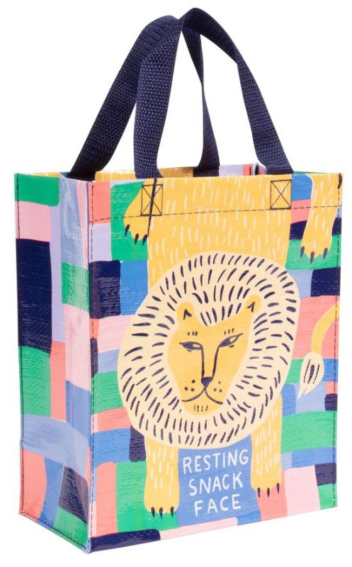 Eco-friendly tote bag featuring playful "Resting Snack Face" design, made from 95% recycled materials, perfect for snacks and errands.