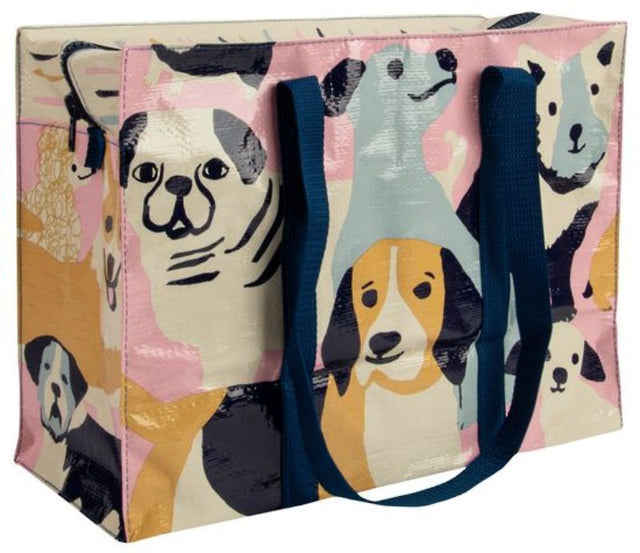 Eco-friendly shoulder tote bag featuring playful dog prints, measuring 11"H x 15"W x 6.25"D, perfect for dog lovers.